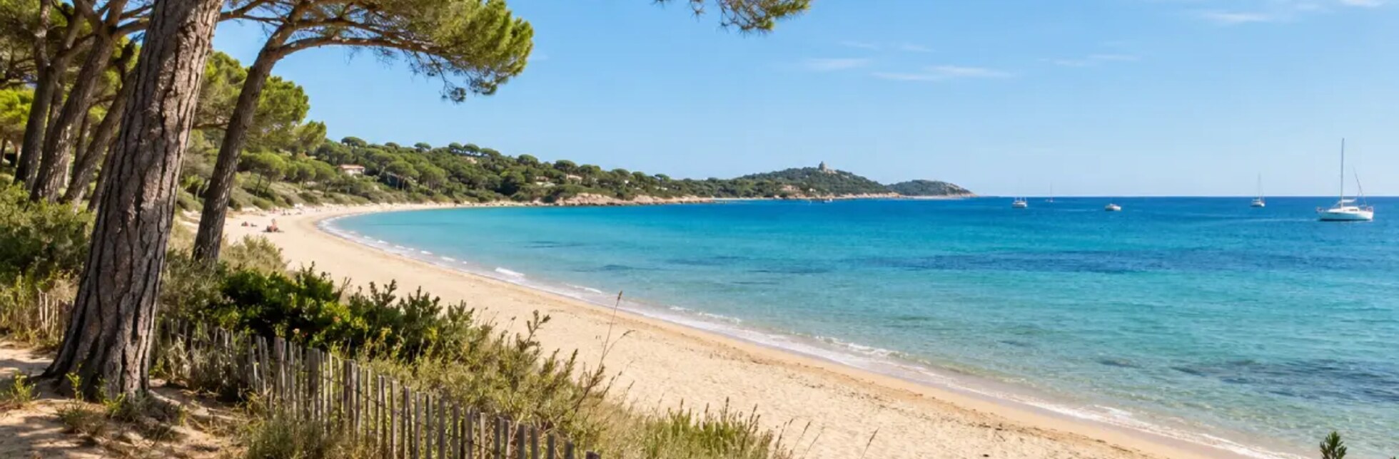 Strand von Les Salins Plage des Salins à Saint-Tropez : sable fin bordé de pins parasols